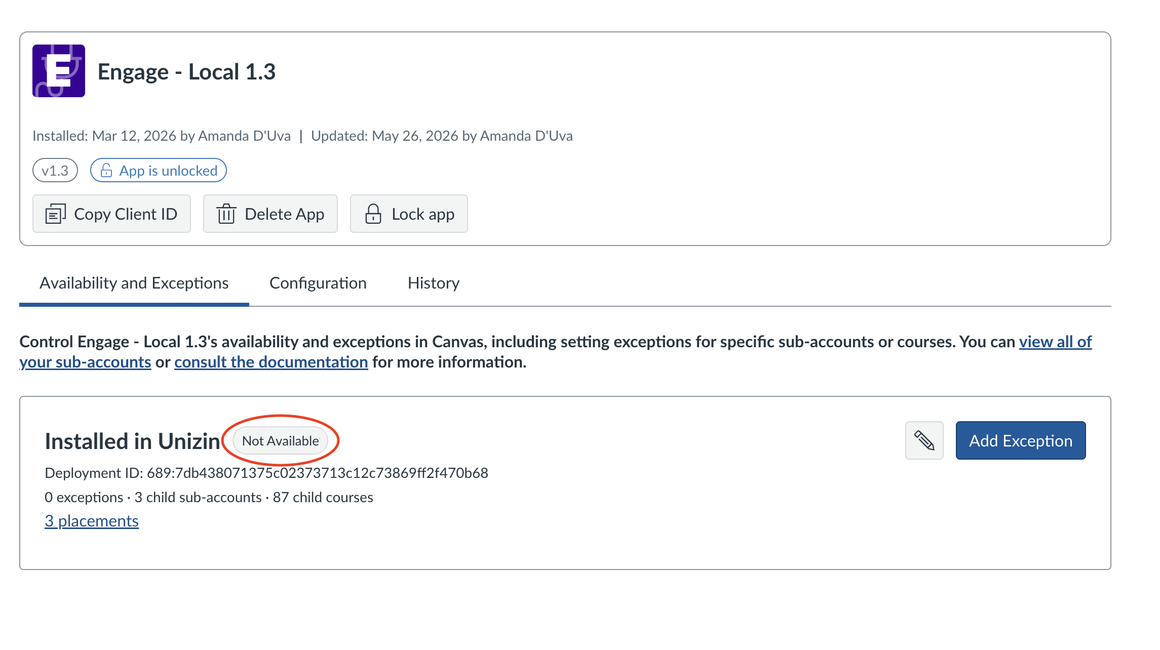 Red circle highlighting the available vs not available status in Canvas