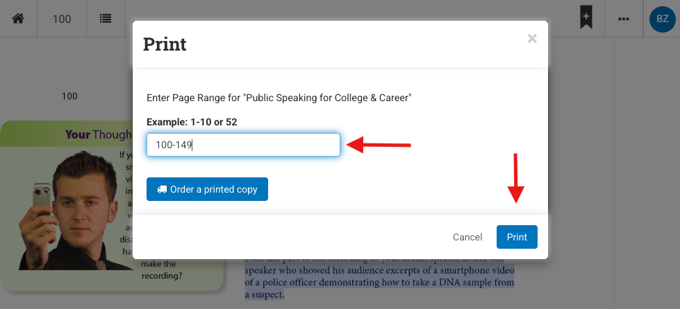 Image shows the print range dialog box with arrows pointing to where the page range is to be added and where to click to print