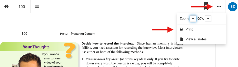 This is an image of the top menu bar with arrows pointing to the More Options menu and the Print button