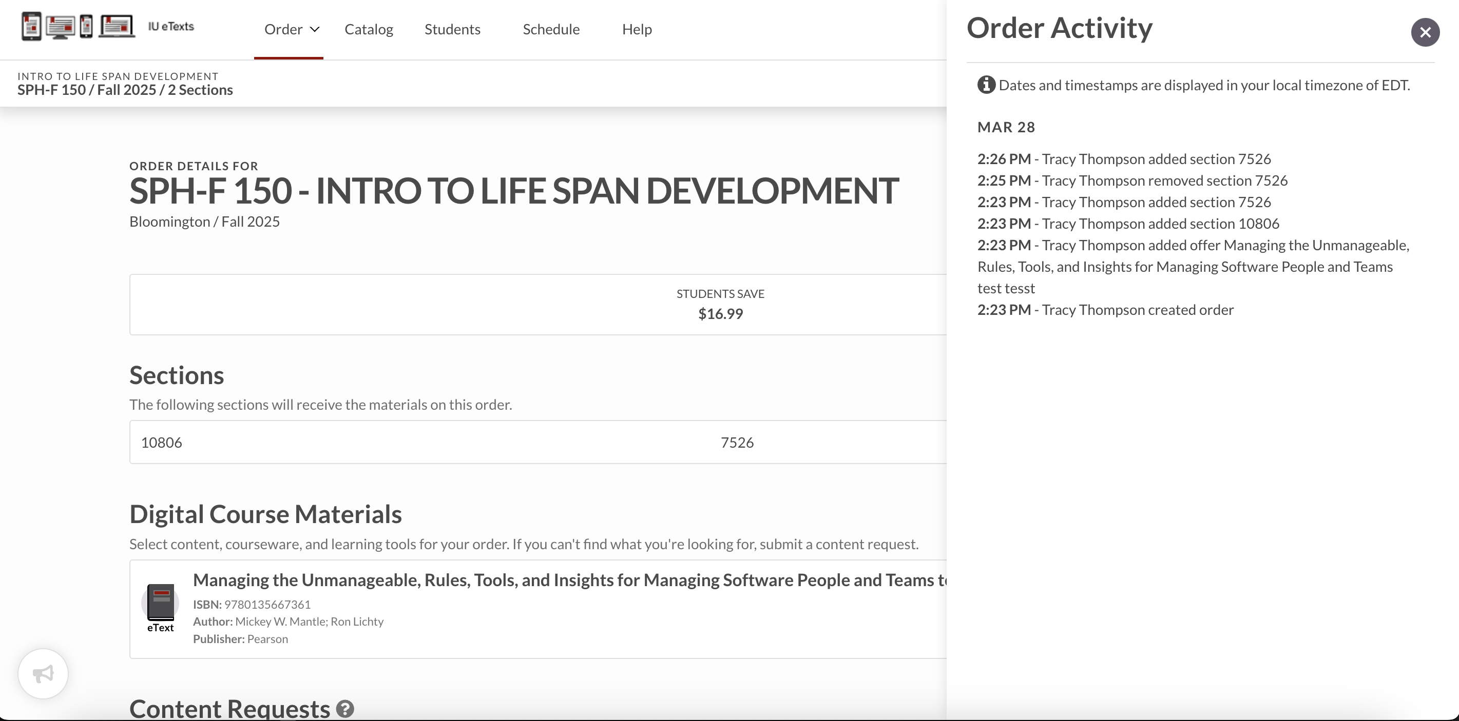 Sidebar pop-out showing activity made on the order