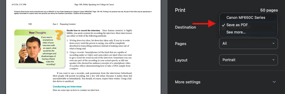Image of the printer page with an arrow pointing to the destination selector, where the user can choose either a printer or print to PDF.