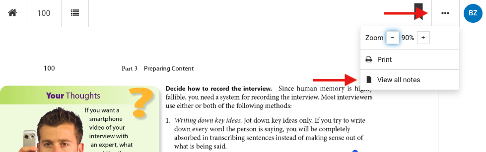 This is an image of the top menu bar with arrows pointing to the More Options menu and the View all notes button.